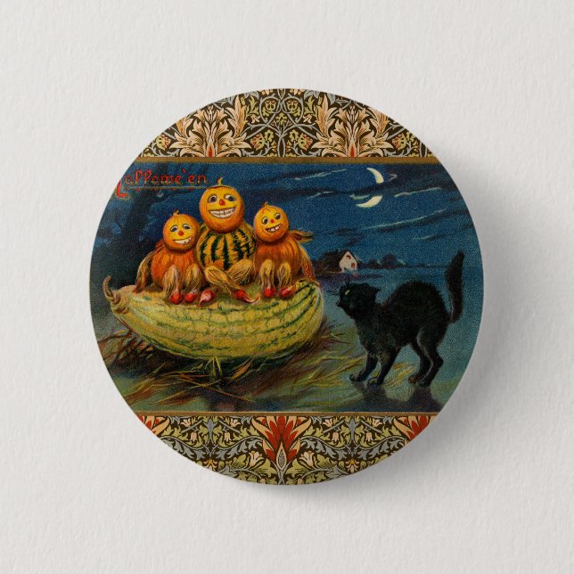 Vintage Halloween Pumpkins Black Cat Button (Vorderseite)