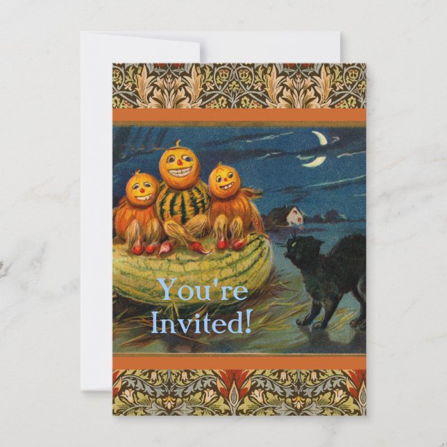 Vintage Halloween Pumpkins Black Cat Einladung (Vorderseite)