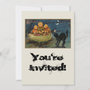 Vintage Halloween Pumpkins Black Cat Einladung