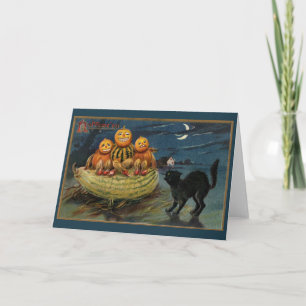 Vintage Halloween Pumpkins Black Cat Karte