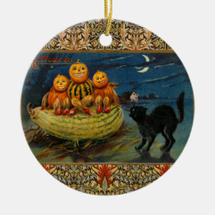 Vintage Halloween Pumpkins Black Cat Keramik Ornament