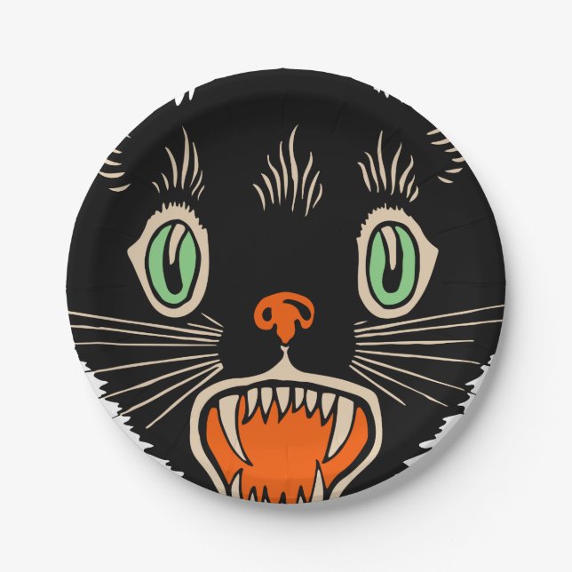 Vintage Halloween-Schwarze Katze Pappteller (Vorderseite)