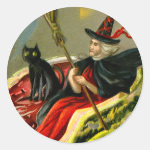 Vintage Halloween schwarze Katze und Hexe Runder Aufkleber
