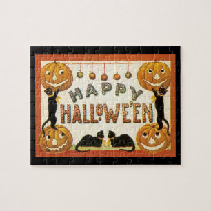 Vintage Halloween, schwarze Katzen mit Jackolanter