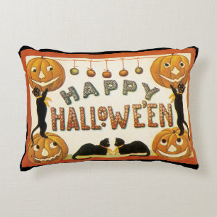 Vintage Halloween, schwarze Katzen mit Jackolanter Dekokissen