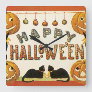 Vintage Halloween, schwarze Katzen mit Jackolanter Quadratische Wanduhr