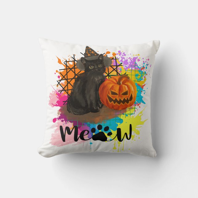 Vintage Halloween-Schwarzkatze Kissen (Vorderseite)