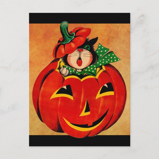 Vintage Halloween-Schwarzkatze Postkarte (Vorderseite)
