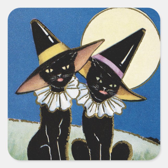 Vintage Halloween-Schwarzkatzen Weihnachtsaufklebe Quadratischer Aufkleber (Vorderseite)