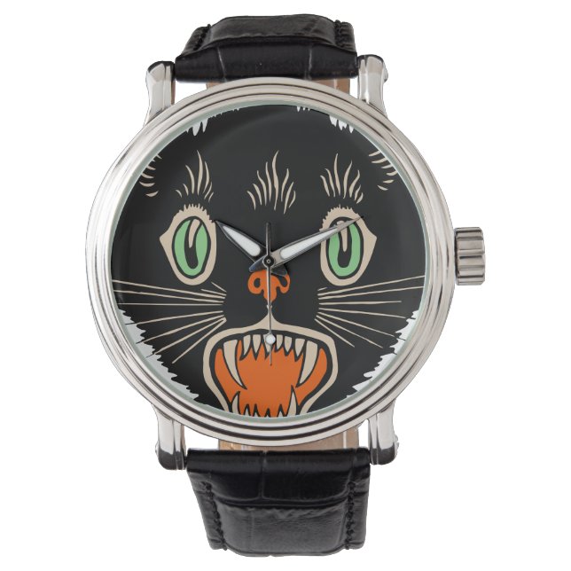 Vintage Halloween-Schwarzkatzenkatze Armbanduhr (Vorderseite)