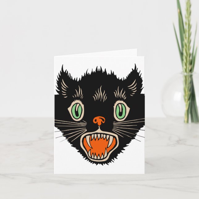 Vintage Halloween-Schwarzkatzenkatze Karte (Vorderseite)