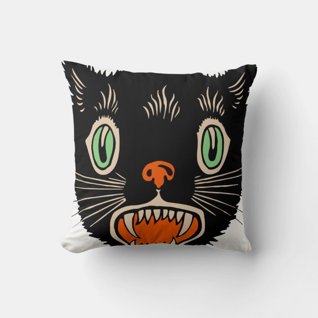 Vintage Halloween-Schwarzkatzenkatze Kissen (Vorderseite)