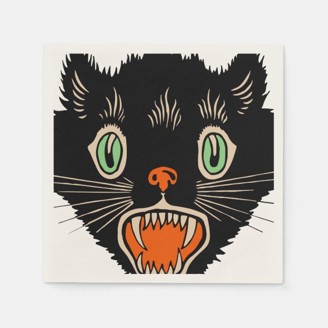 Vintage Halloween-Schwarzkatzenkatze Serviette (Vorderseite)