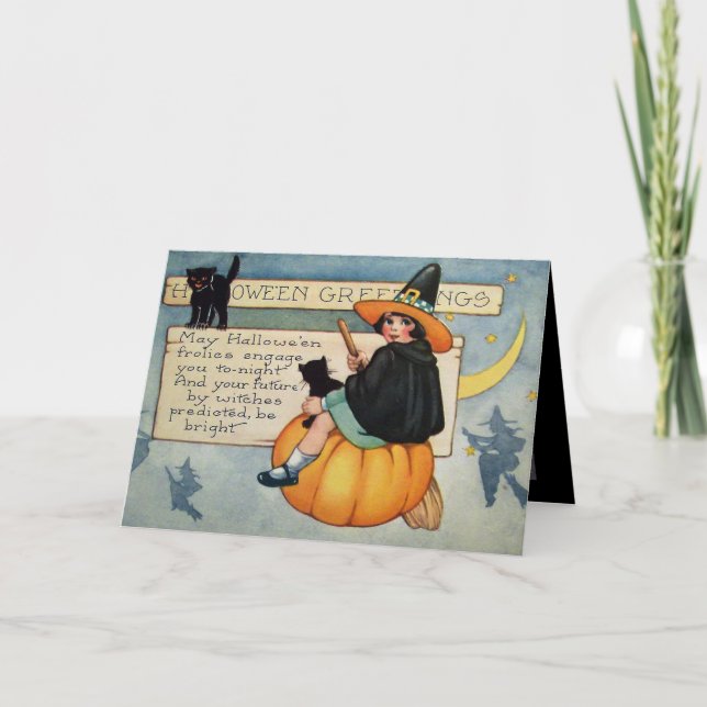 Vintage Halloween sorcière chats noirs Carte de va (Devant)