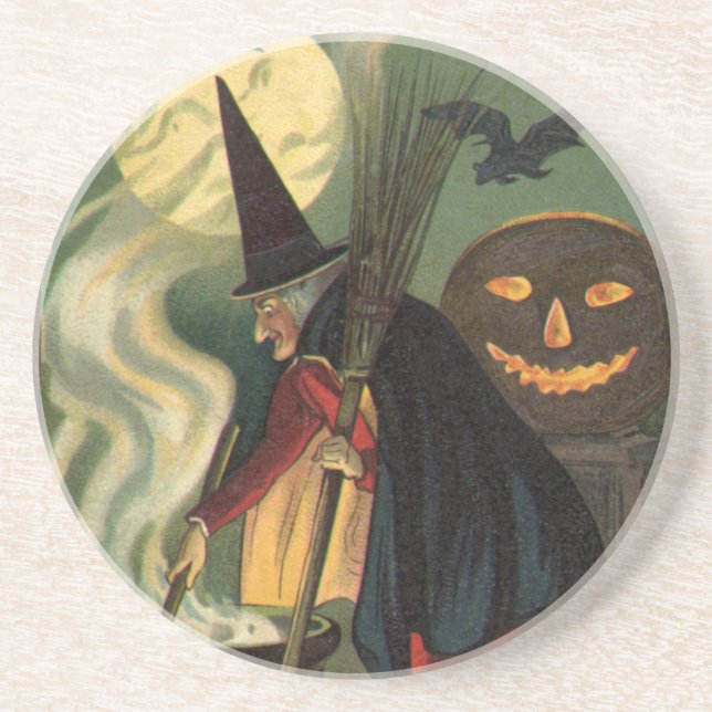 Vintage Halloween-Stirring Magic Cauldron Sandstein Untersetzer (Vorne)