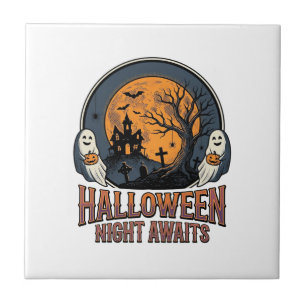 Vintage-Halloween-Szene graviertes Mond-Geist-Shir Fliese