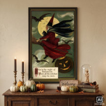 Vintage Halloween Witch Riding Broomstick with Cat