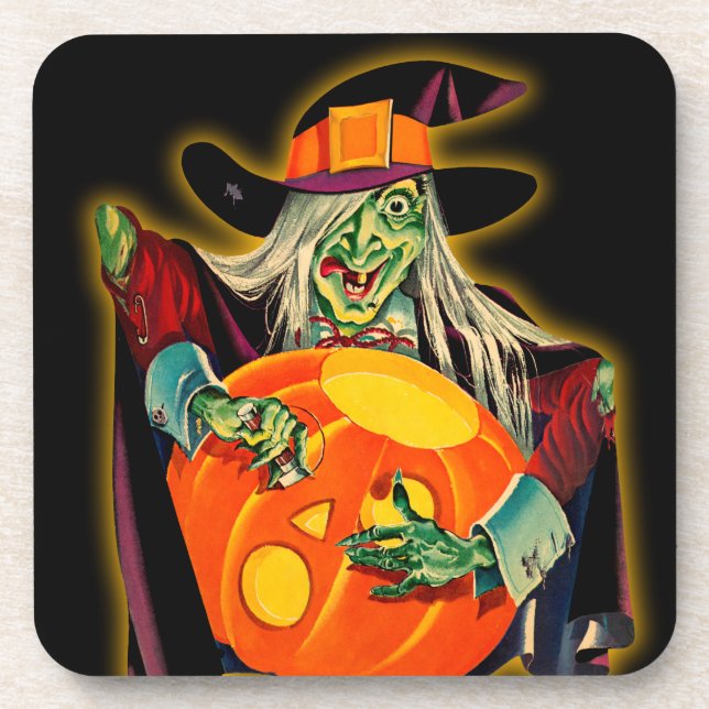 Vintage Halloween Witch with Jack O'Lanten Getränkeuntersetzer (Vorderseite)