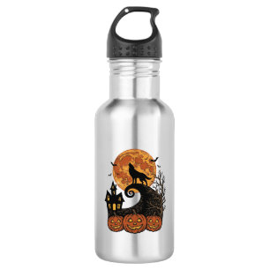 Vintage-Halloween-Wolf-Mond-Kürbis-Shirt-Design_1 Edelstahlflasche
