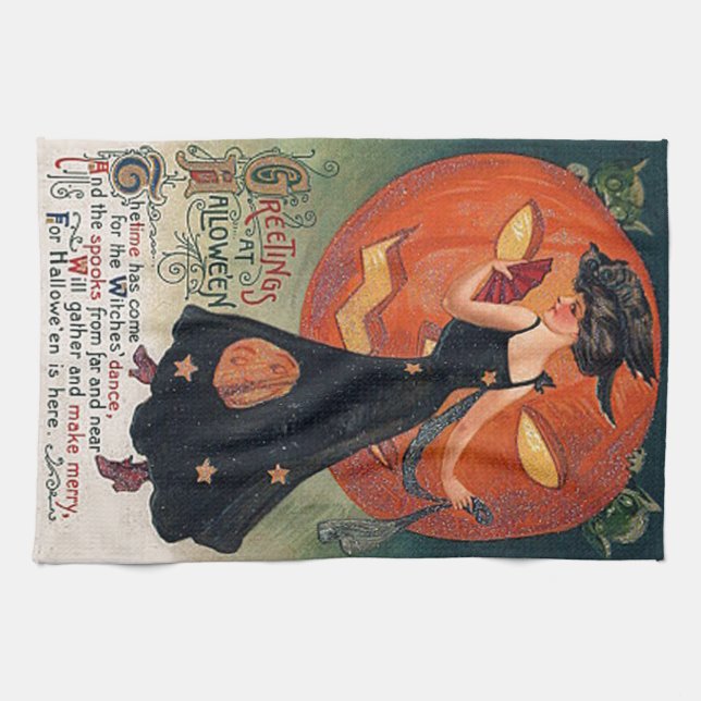 Vintage Halloweenhexe u. -kürbise Handtuch (Horizontal)