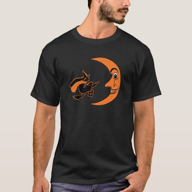 Vintage Halloweenhexe u. -mond T-Shirt (Vorderseite)