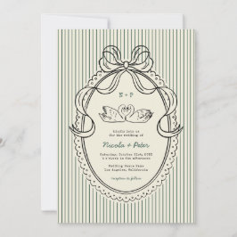 Vintage Hand Drawn Swan Green Stripes Wedding Einladung