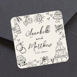 Vintage Hand Drawn Whimsical Wedding Quadratischer Aufkleber<br><div class="desc">Personalisierte, von Hand Gezeichnet Quirky-Hochzeitskleber. Diese lustigen und spielerischen Hochzeitsaufkleber sind mit eigenartigen Doodle-Illustrationen rund um das Design ausgestattet, darunter ein Champagnerturm, Hochzeitskuchen, Diskokugel, Herzen, Hochzeitsglocken, Ringe, Kameras und vieles mehr. Die Braut- und Bräutigam-Namen und das Hochzeitsdatum werden unter diesem skurrilen Kunstwerk elegant in einem Mix aus handgeschriebenen Schriften und...</div>