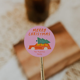Vintage Hand gezeichnet Rosa Auto Baum Weihnachten Runder Aufkleber
