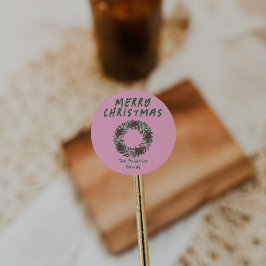 Vintage Hand gezeichnet Rosa Grünen Weihnachtskran Runder Aufkleber
