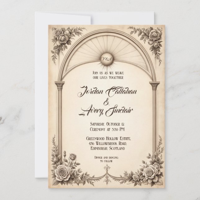 Vintage handGezeichnet Rose Einladung zur Hochzeit (Vorderseite)