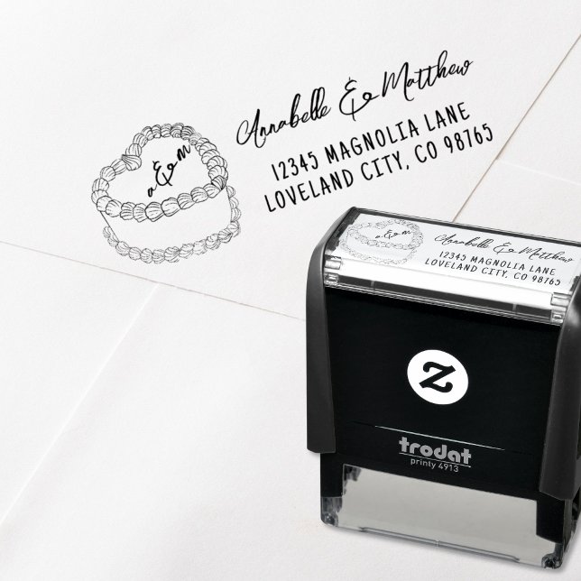 Vintage handgezeichnete Hochzeitsstimmung Rücksend Permastempel (Vintage Cake Hand Drawn Wedding Return Address self-inking stamp)