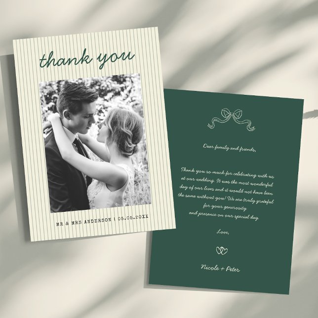 Vintage Handwritten Green Stripes Photo Wedding Dankeskarte (Von Creator hochgeladen)