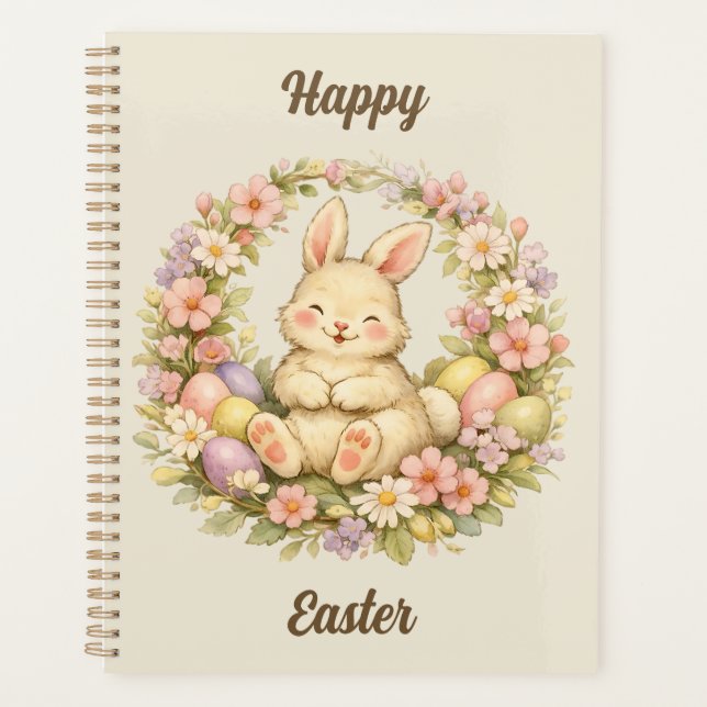 Vintage Happy Easter Bunny Floral Wreath Planer (Vorderseite)
