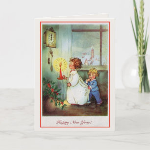 Vintage Happy New Year children clock Feiertagskarte
