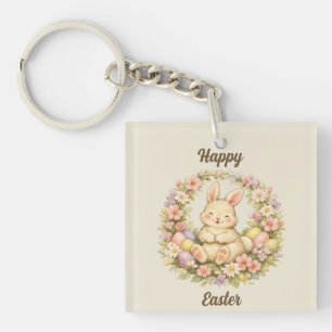Vintage-Happy-Ostern-Hasen-Blumenkranz Schlüsselanhänger