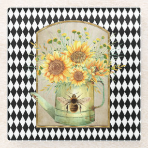 Vintage-Harlekin-Gartensonnenblumen Glasuntersetzer