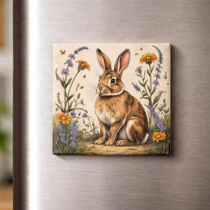 Vintage-Hase mit Wildblumen Magnet