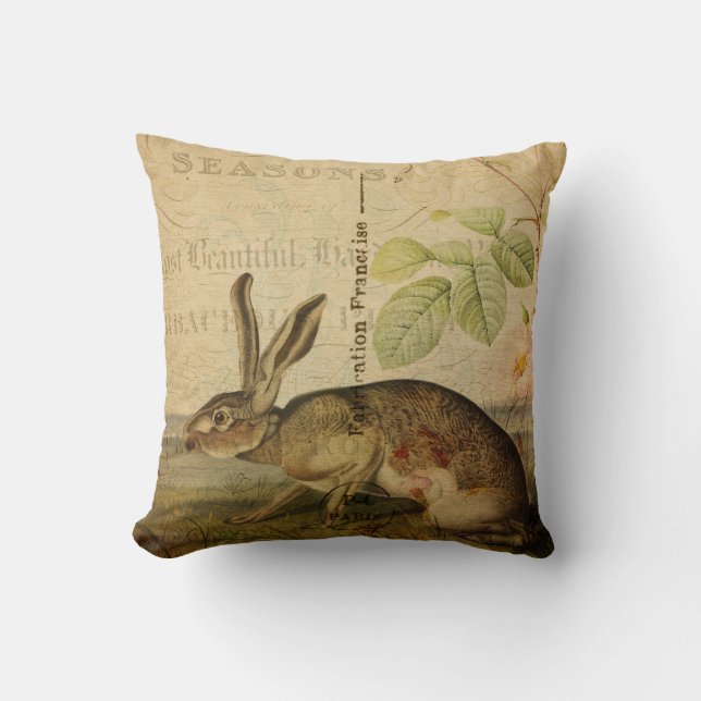 Vintage Hase-Tierillustrations-Blumencollage Kissen (Vorderseite)