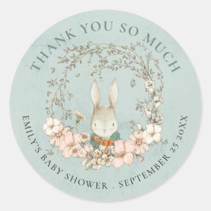 Vintage-Hasen-Blumen-Dankeschön-Grün-Baby-Party Runder Aufkleber