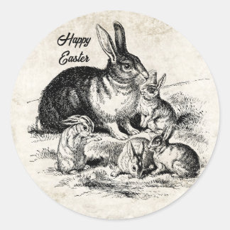 Vintage-Hasenfamilien-Illustration, Baby-Kaninchen Runder Aufkleber