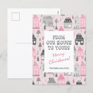 Vintage Häuser auf Pink Christmas Card Feiertagspostkarte