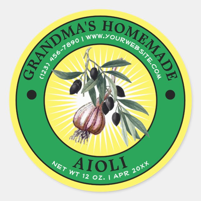 Vintage, hausgemachte Aioli-Label-Vorlage Runder Aufkleber (Vorderseite)