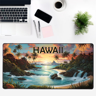 Vintage Hawaii Beach Mountains Peinture Desk Mat