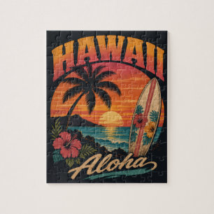 Vintage-Hawaiian-Sonnenuntergang-Palmen-Surfboard-
