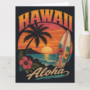 Vintage-Hawaiian-Sonnenuntergang-Palmen-Surfboard- Karte