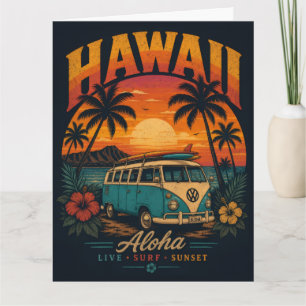 Vintage-Hawaiian-Sonnenuntergang-Palmen-Surfboard- Karte