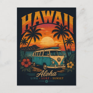 Vintage-Hawaiian-Sonnenuntergang-Palmen-Surfboard- Postkarte