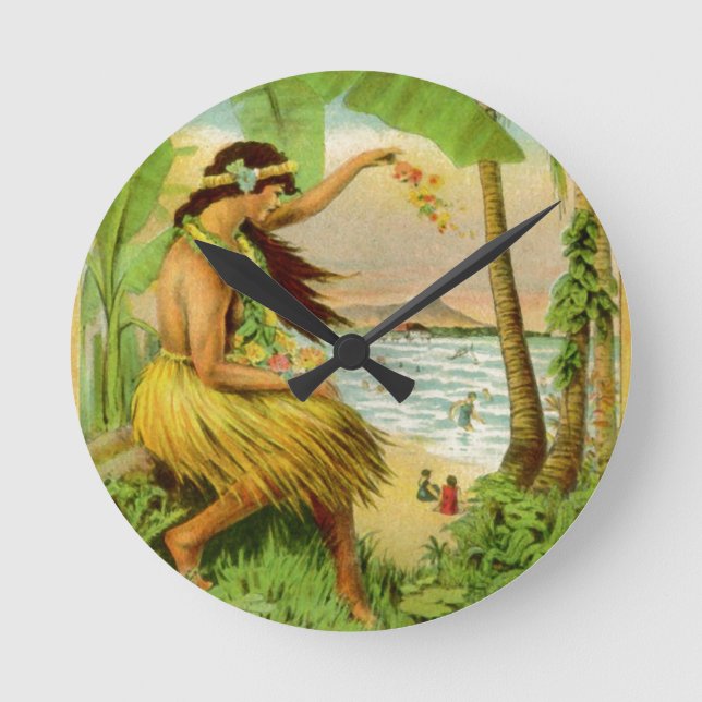 Vintage hawaiianische Reise Runde Wanduhr (Vorderseite)