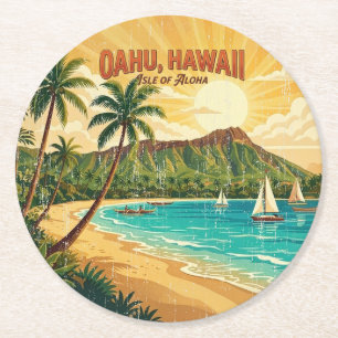 Vintage hawaiianische Reiseplakate - Oahu Runder Pappuntersetzer