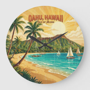 Vintage hawaiianische Reiseposter - Oahu Große Wanduhr